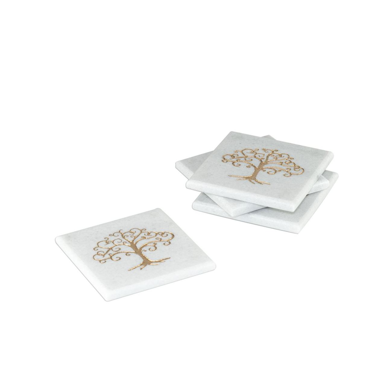 White Marble, Handmade Drink Serving Coasters Set of 4, Engraved Golden